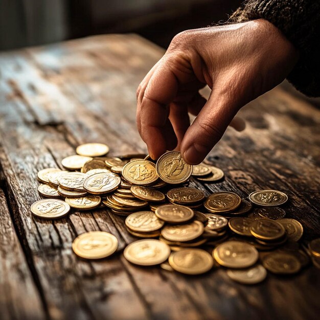 Photo a person is picking up some coins from a table