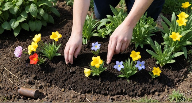 Photo a person is planting flowers in a garden with one hand