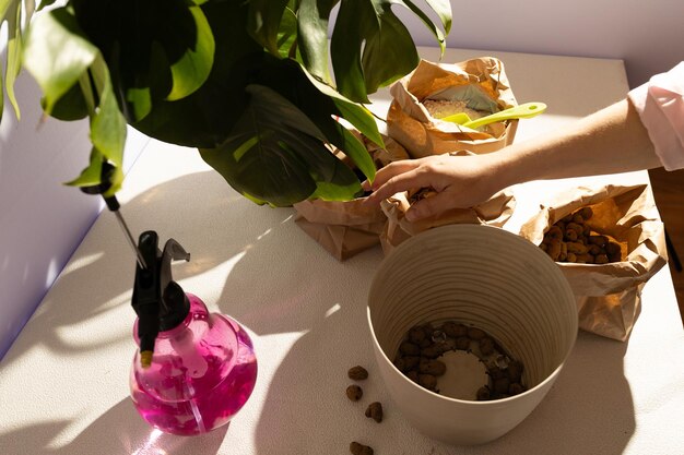 A person is planting a plant in a flowerpot on a table