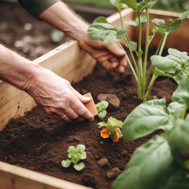 A person is planting a plant in a wooden box