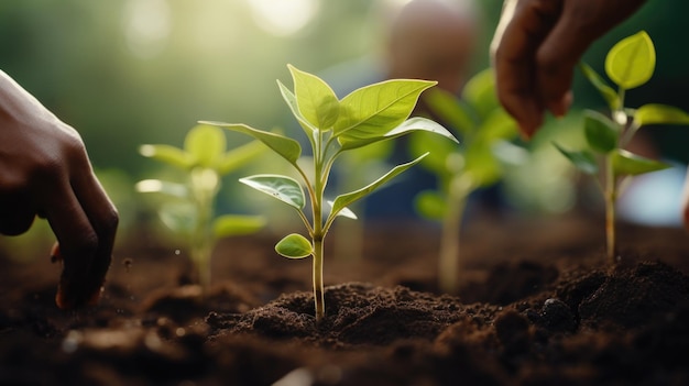 A person is planting a seedling in the dirt