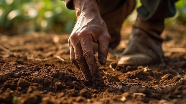 A person is planting a seedling in a field.