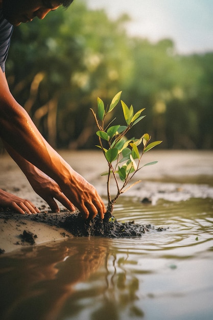 A person is planting a tree in a muddy puddle