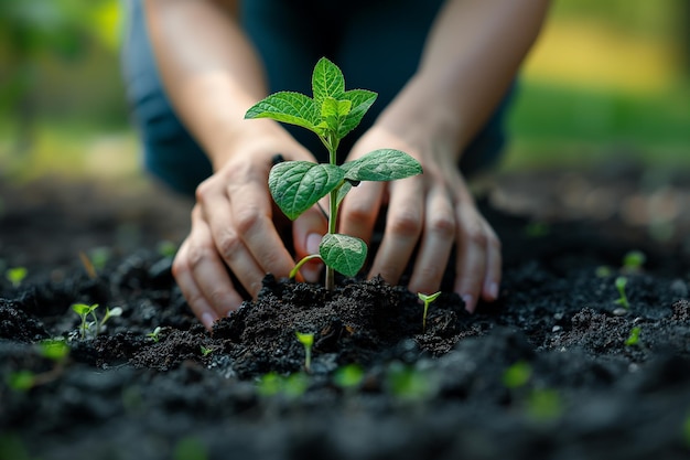 person is planting a tree with another person The two people are holding the tree in the ground