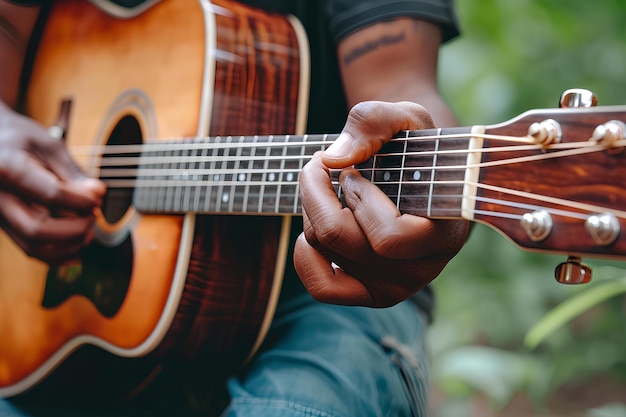 A person is playing an acoustic guitar in a green area