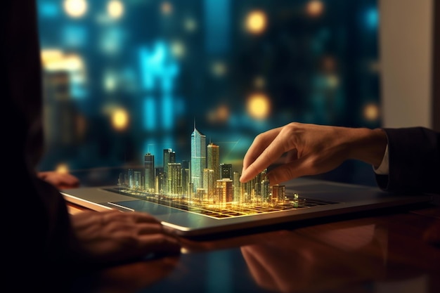 A person is playing a game on a tablet with a cityscape in the background.