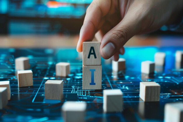 Photo a person is playing a game of wooden blocks with the letter a on the top