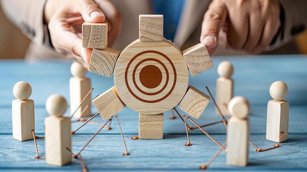 Photo a person is playing a game of wooden toys with a wooden figure in the middle