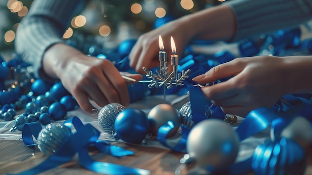 Photo a person is playing with a blue ornament and a blue bauble