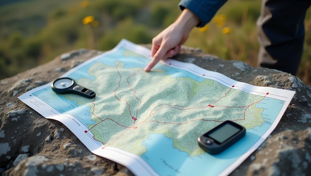 Photo a person is pointing at a map that says quot map quot