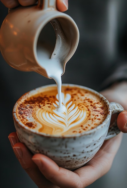 a person is pouring milk into a cup of coffee