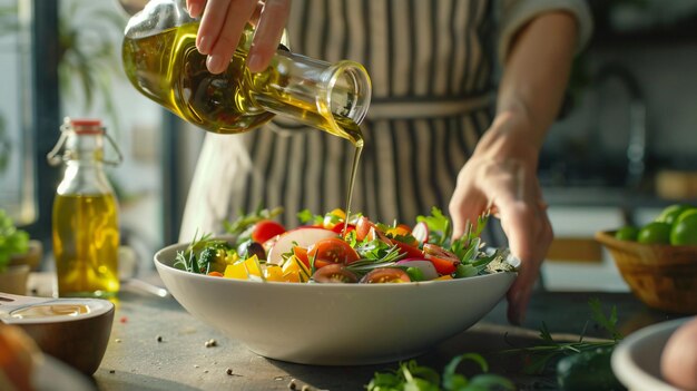 a person is pouring olive oil into a bowl of salad