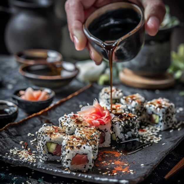 Photo a person is pouring some sushi sauce on a tray