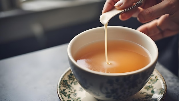 a person is pouring soup into a cup with a spoon