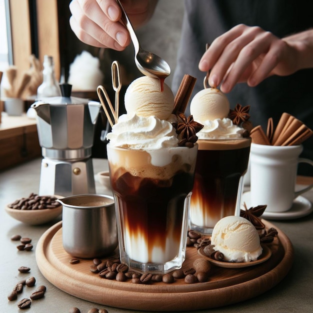 a person is pouring a spoon into a cup of coffee