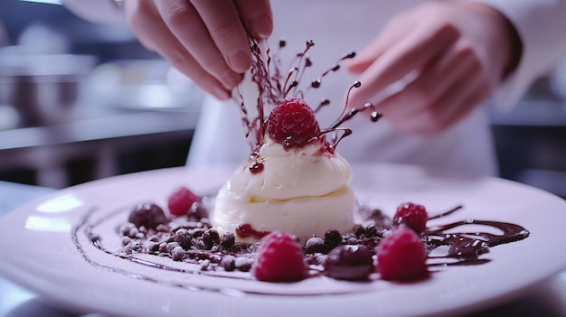 Photo a person is pouring a spoon into a dessert with berries and berries