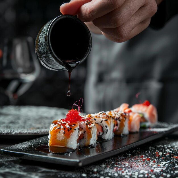 Photo a person is pouring syrup on a plate of food