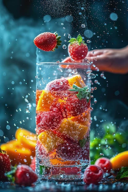 Photo a person is pouring water into a glass with strawberries and strawberries