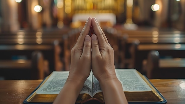 A person is praying in a church with folded hands over an open bible