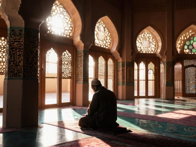 A person is praying in a quiet and ornately designed mosque with sunlight coming in through the wind