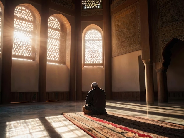 A person is praying in a quiet and ornately designed mosque with sunlight coming in through the wind