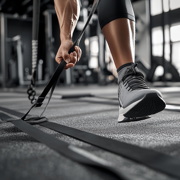 Photo a person is pulling a rope on a treadmill