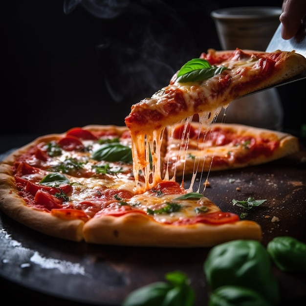 A person is putting cheese on a pizza with a few leaves.