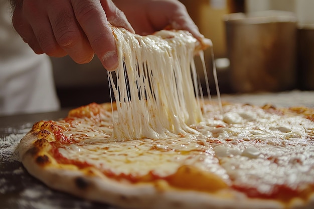 Photo a person is putting cheese on a pizza with a sauce on it