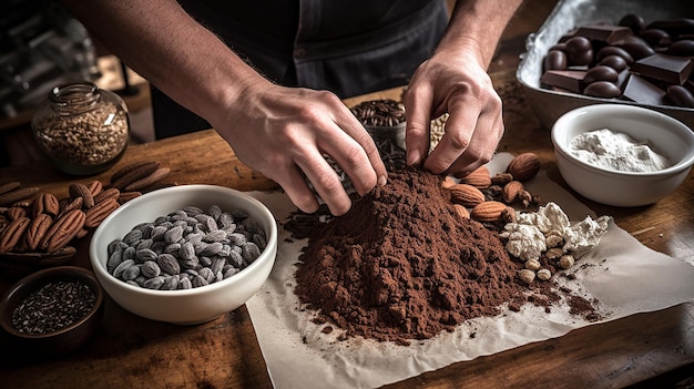 Photo a person is putting chocolate into a bowl of cookies