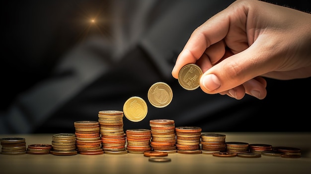 a person is putting coins on a stack of coins