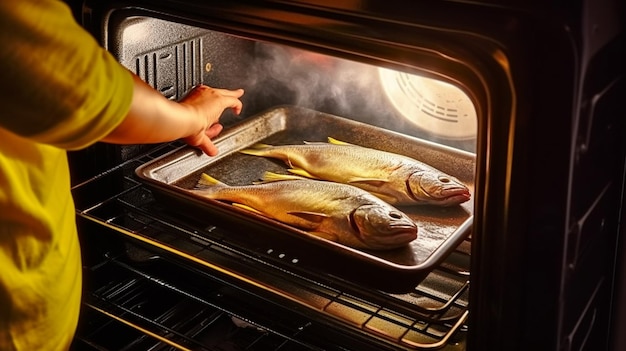 A person is putting a fish in the oven.