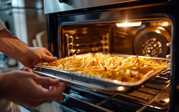 Photo a person is putting food into an oven with the door open