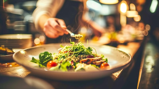 A person is putting food on a plate