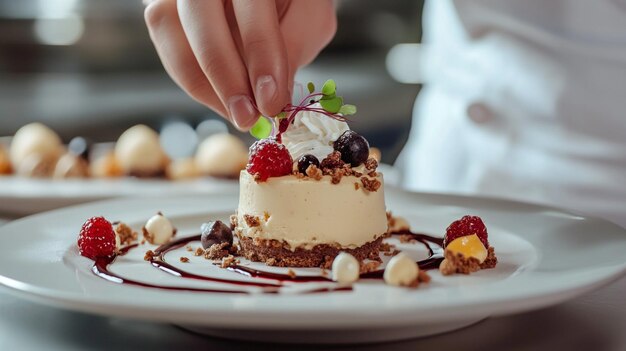 Photo a person is putting a piece of cake on a plate with a person serving it