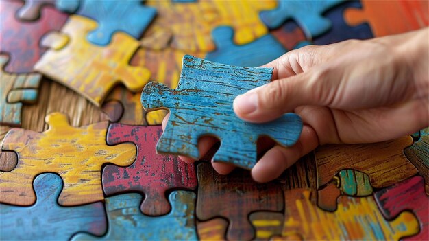 Photo a person is putting a piece of puzzle on a piece of puzzle