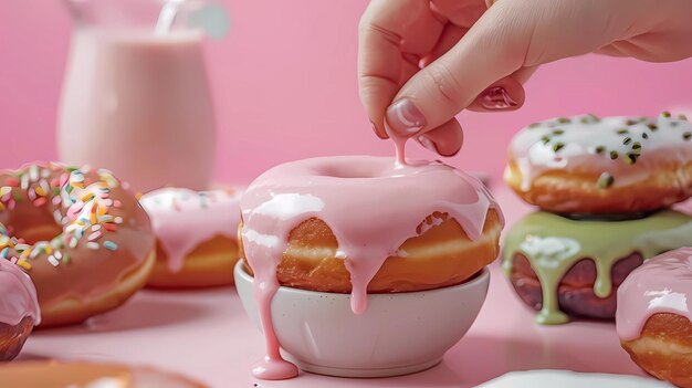 a person is putting a pink frosted donut on a table