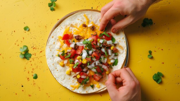 Photo a person is putting a tortilla on a yellow table