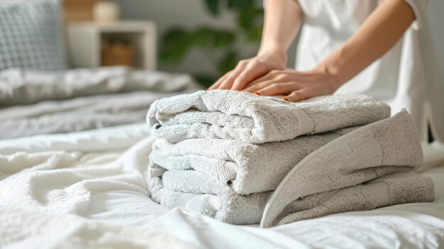 Photo a person is putting a towel on a bed with a green plant in the background