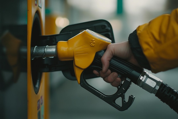 a person is putting a yellow gas pump on the side of the road