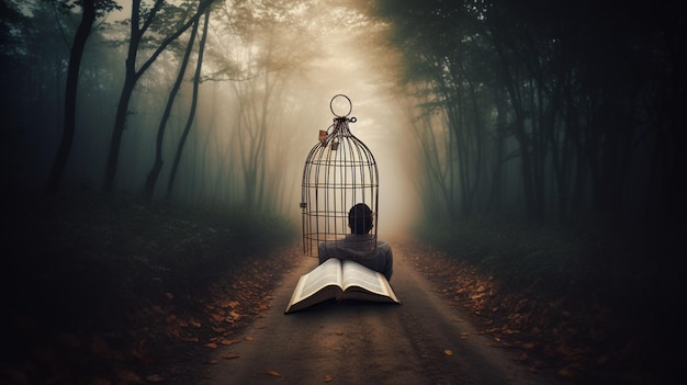 A person is reading a book on a path in a forest with a birdcage.