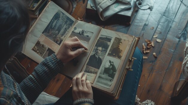 Photo a person is reading a book with a picture of a man in a book