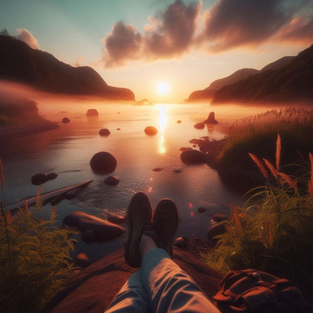 a person is relaxing on a rock overlooking a lake with mountains in the background