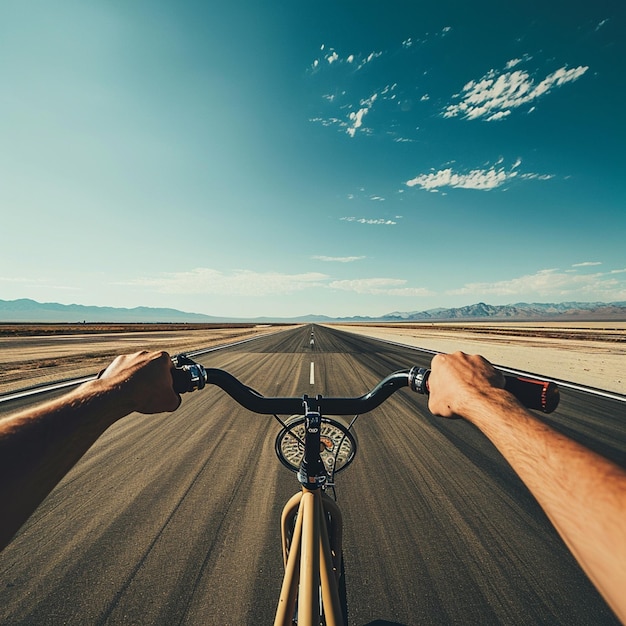 Photo a person is riding a bike on a desert road