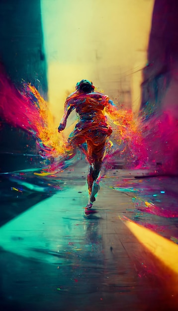 A person is running on city street with colorful paint splatters generative ai