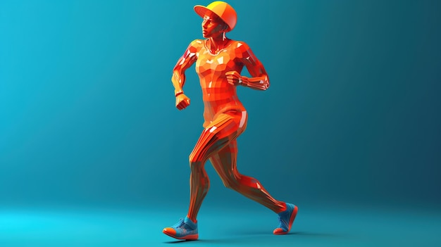 A person is running in front of a blue background.