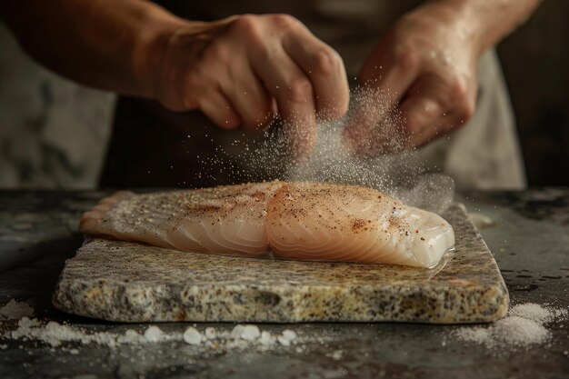 A person is seasoning a piece of fish with salt and pepper