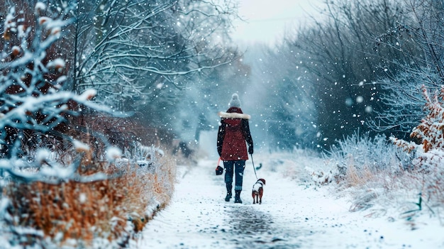 A person is seen walking their dog on a path covered in snow T