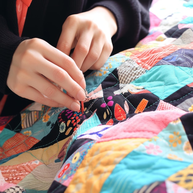 Photo a person is sewing a patchwork quilt with a variety of colors and patterns