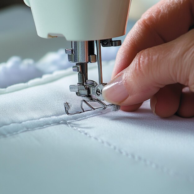 Photo a person is sewing a white cloth with the word  on it