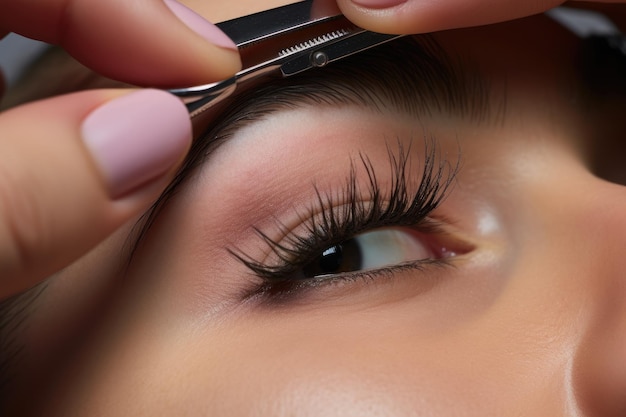 A person is shown in closeup as they carefully trim the eyelashes of another person Crop cosmetologist trimming eyebrows with scissors AI Generated